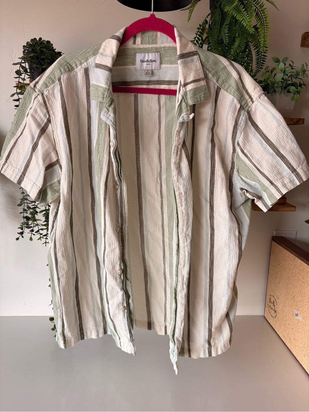 Goodfellow & Co Green and Cream Vertical Stripe Short-Sleeve Button-Up Shirt